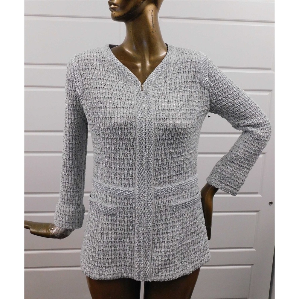 St John Couture Gray Textured Knit Zip Jacket $1800rt sz 12